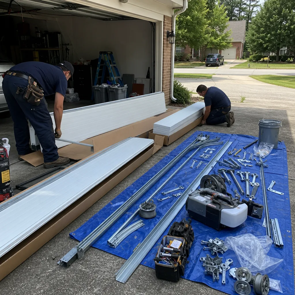 Two technicians performing a professional garage door installation on a driveway