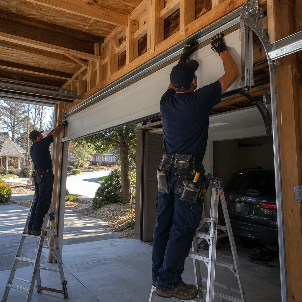 Two professional technicians installing a residential garage door