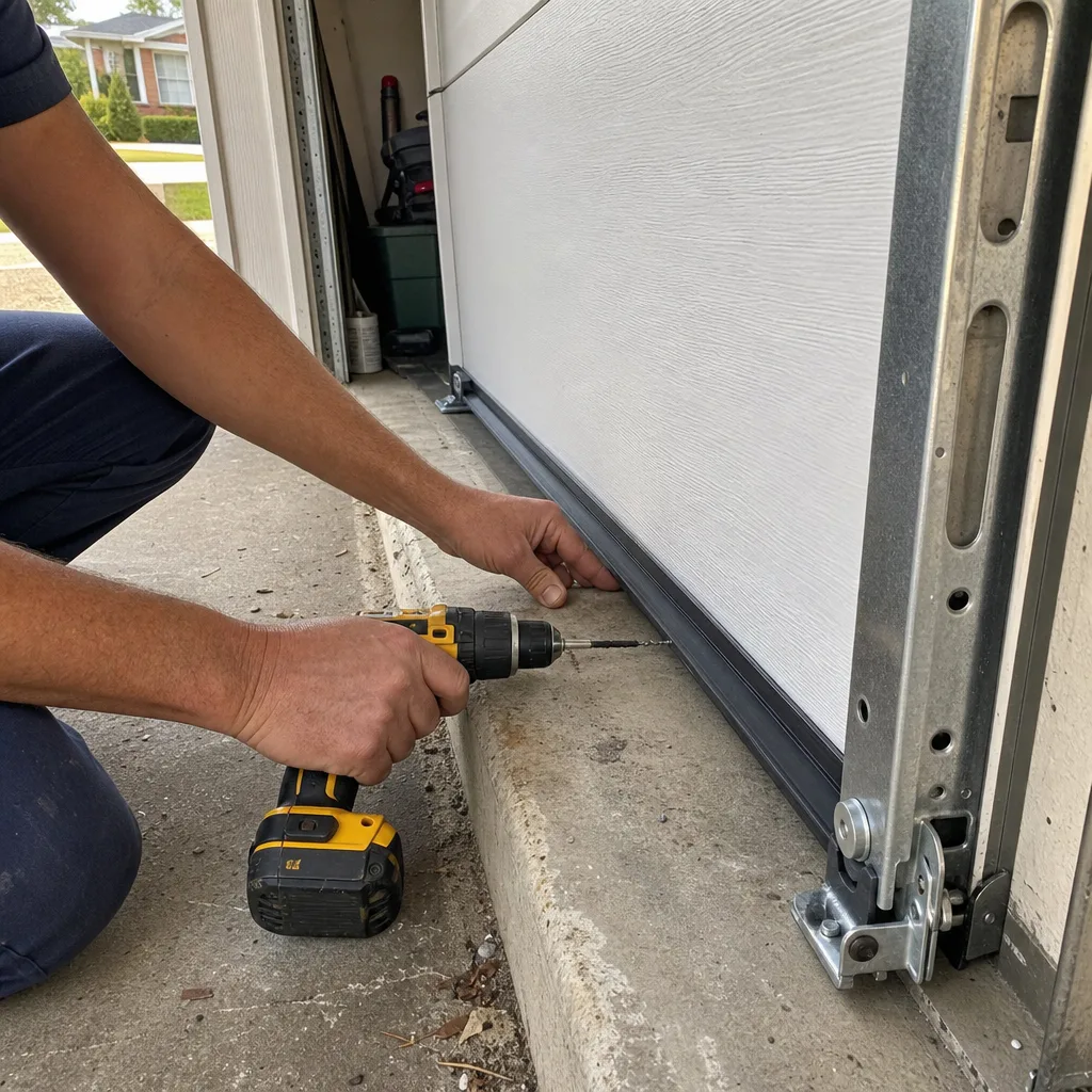 Technician using a power drill to install a garage door weather seal