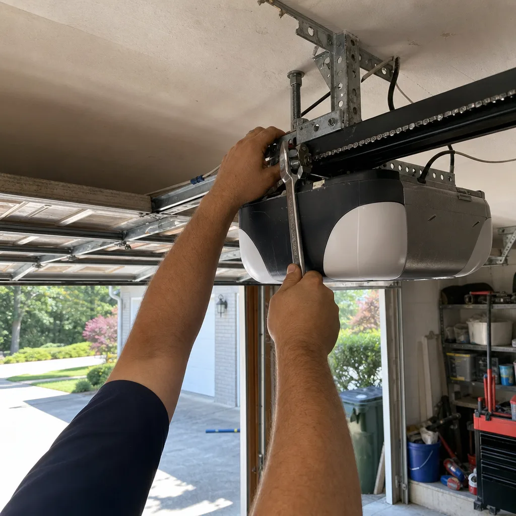 Technician performing professional garage door opener repair and maintenance.
