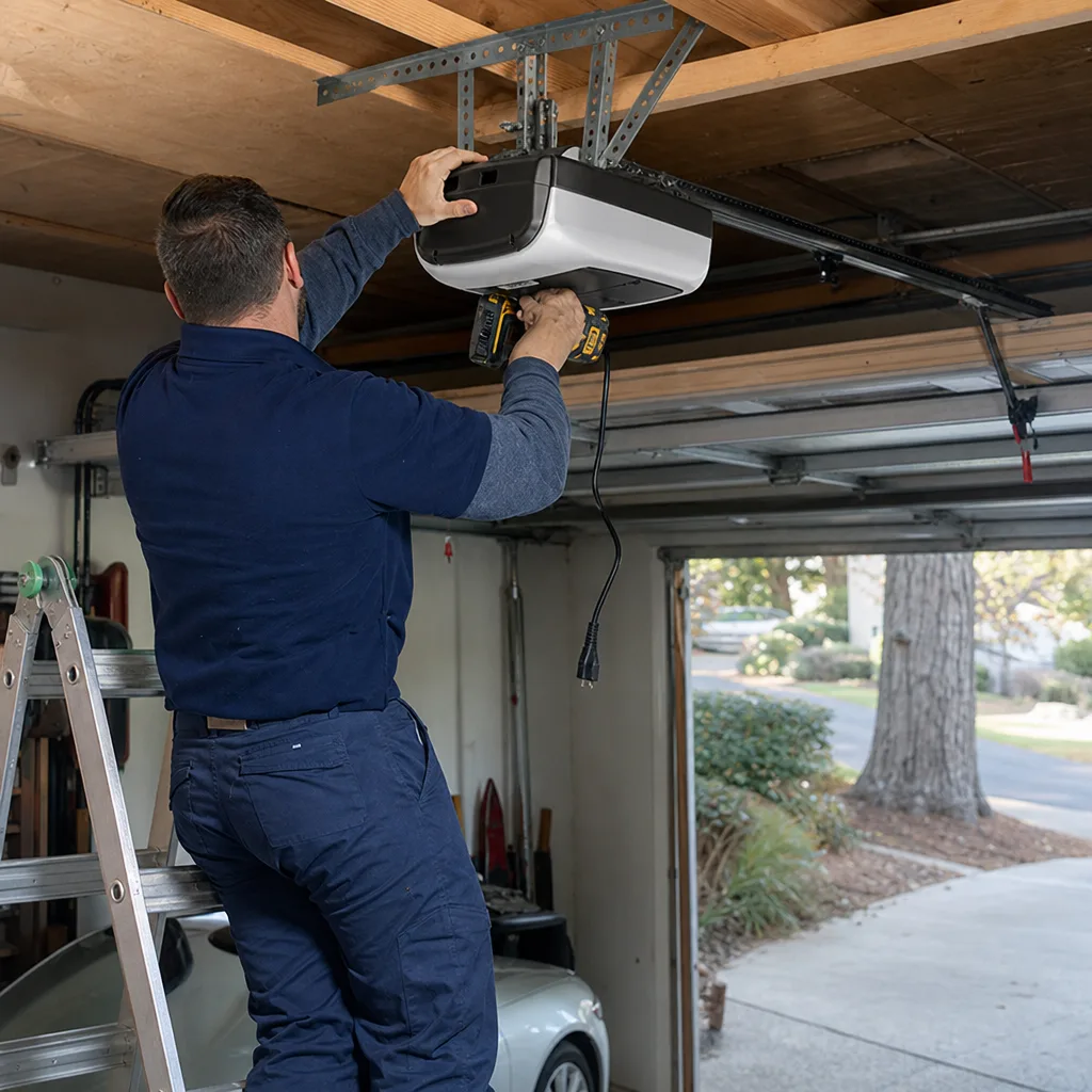 Technician installing a garage door opener motor on a residential ceiling