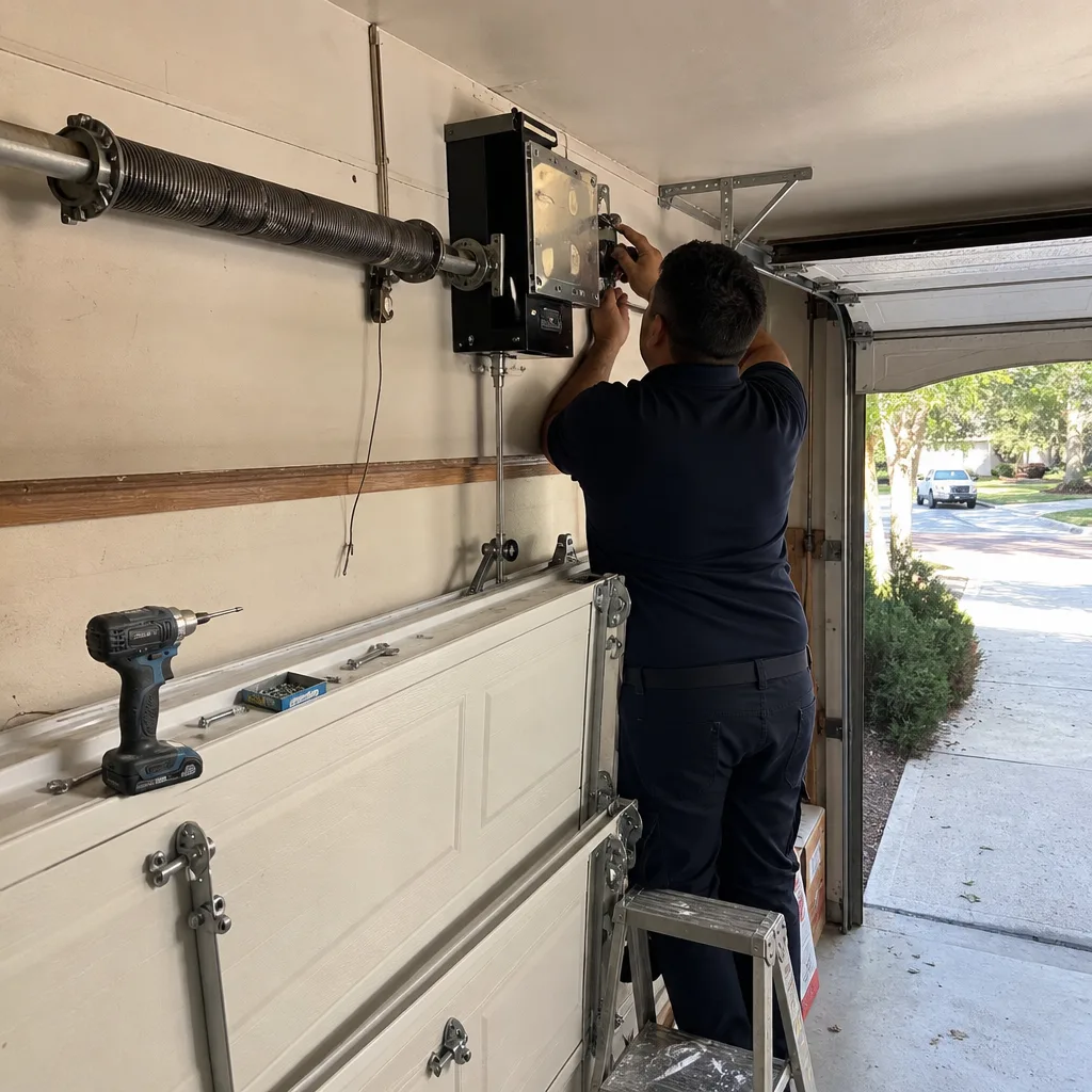 Technician performing professional garage door opener repair and installation