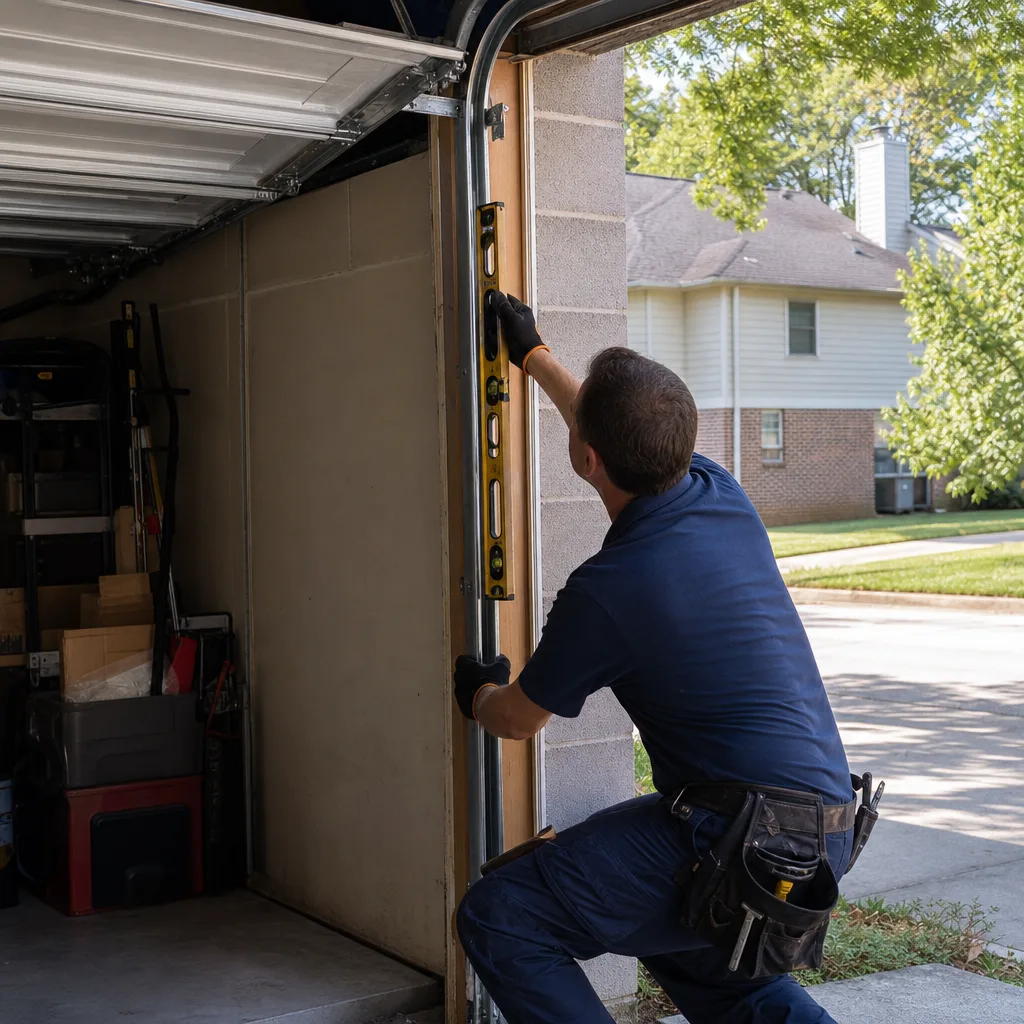 Technician using a level to repair a garage door track