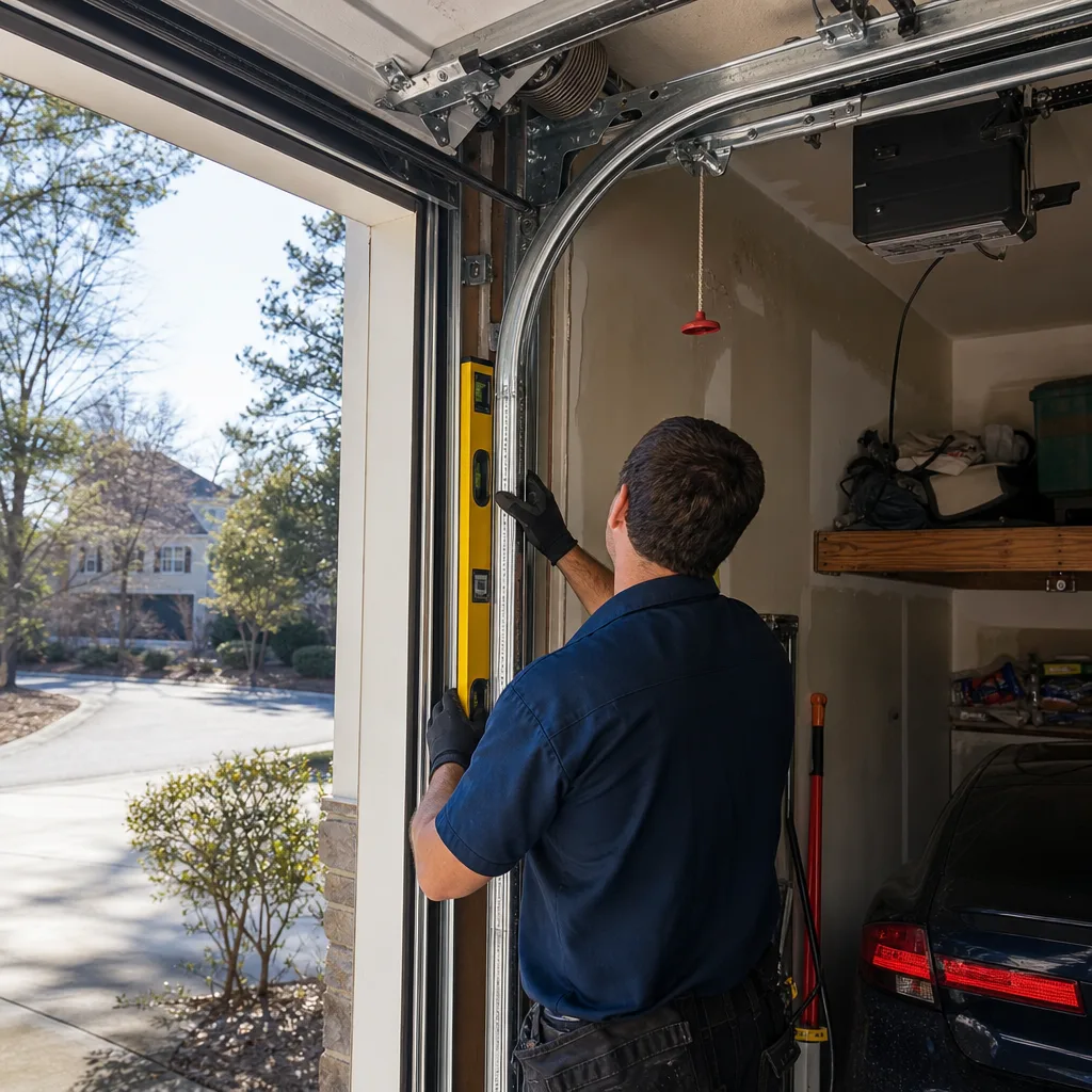 Technician checking garage door track alignment with a level