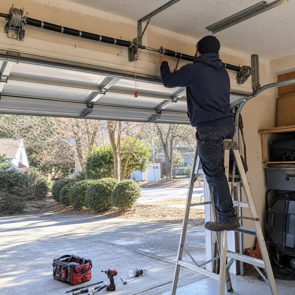 Technician performing professional garage door spring repair and maintenance
